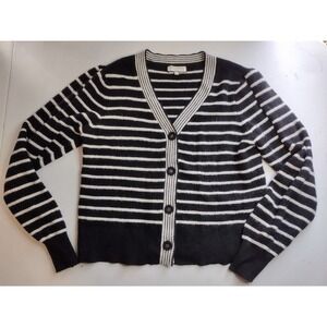 Bagatelle Collection Womens Black White Striped V-Neck Button Cardigan Sweater L